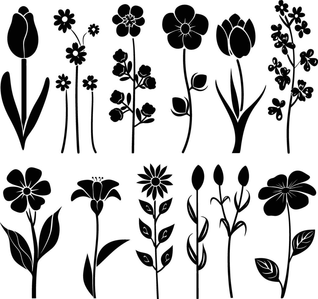 AI generated Silhouette spring flower collection black color only vector