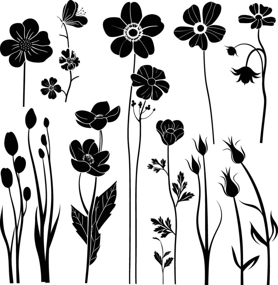 AI generated Silhouette spring flower collection black color only vector