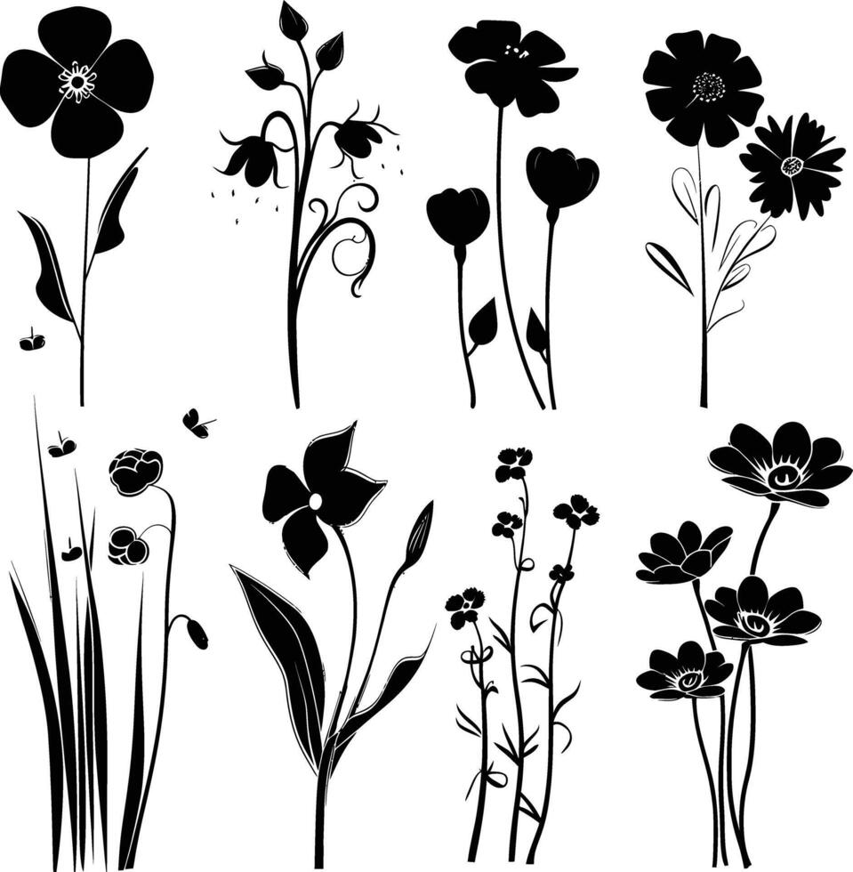 AI generated Silhouette spring flower collection black color only vector