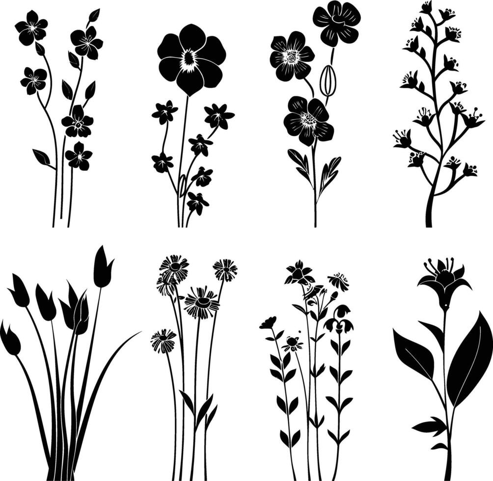 AI generated Silhouette spring flower collection black color only vector