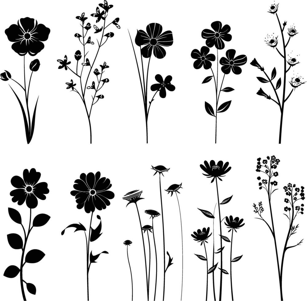 AI generated Silhouette spring flower collection black color only vector