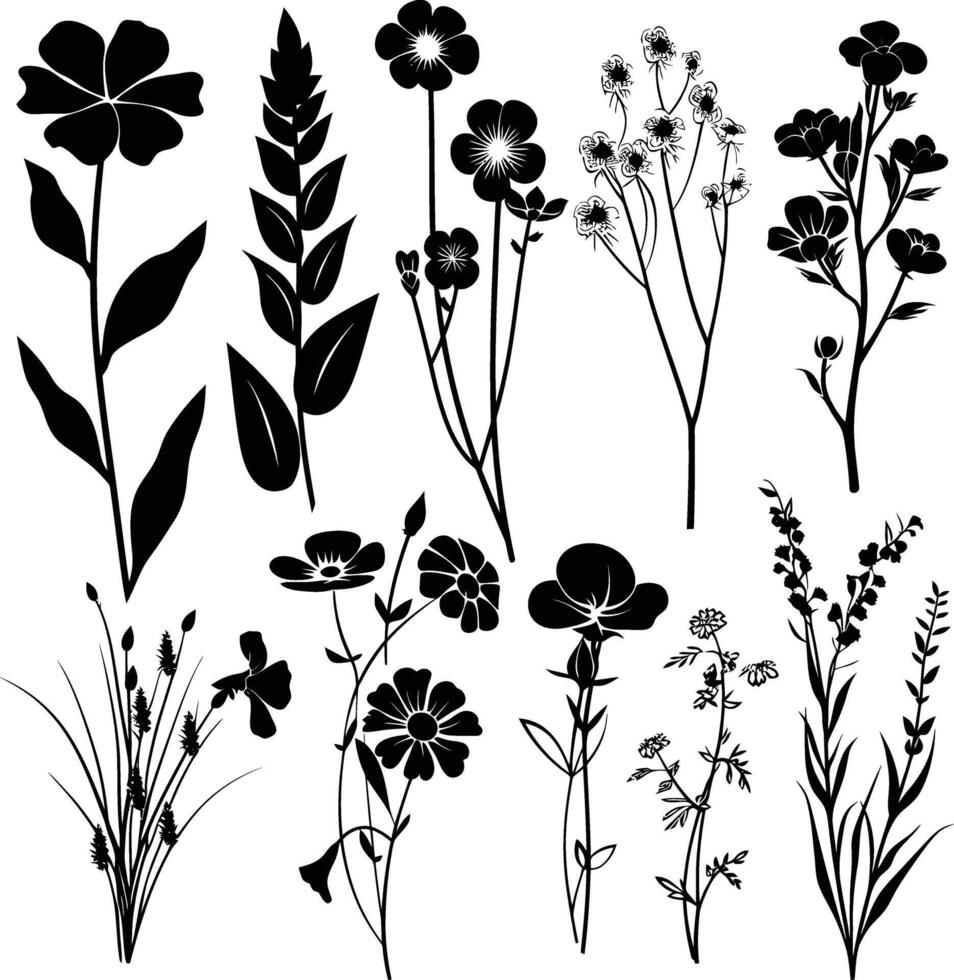 AI generated Silhouette spring flower collection black color only vector