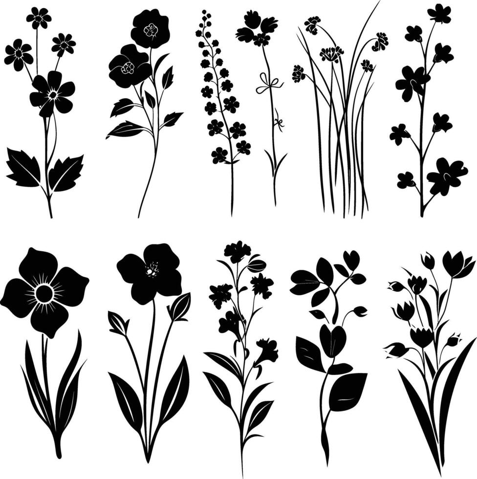 AI generated Silhouette spring flower collection black color only vector