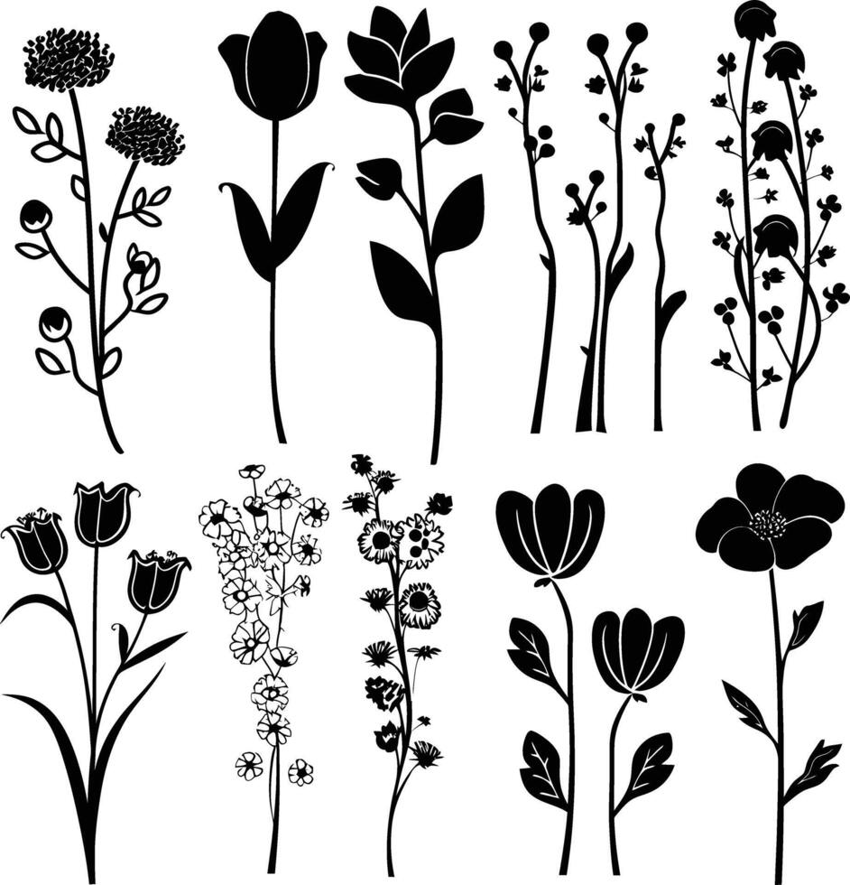 AI generated Silhouette spring flower collection black color only vector