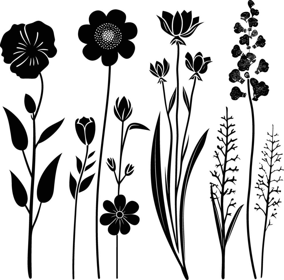 AI generated Silhouette spring flower collection black color only vector