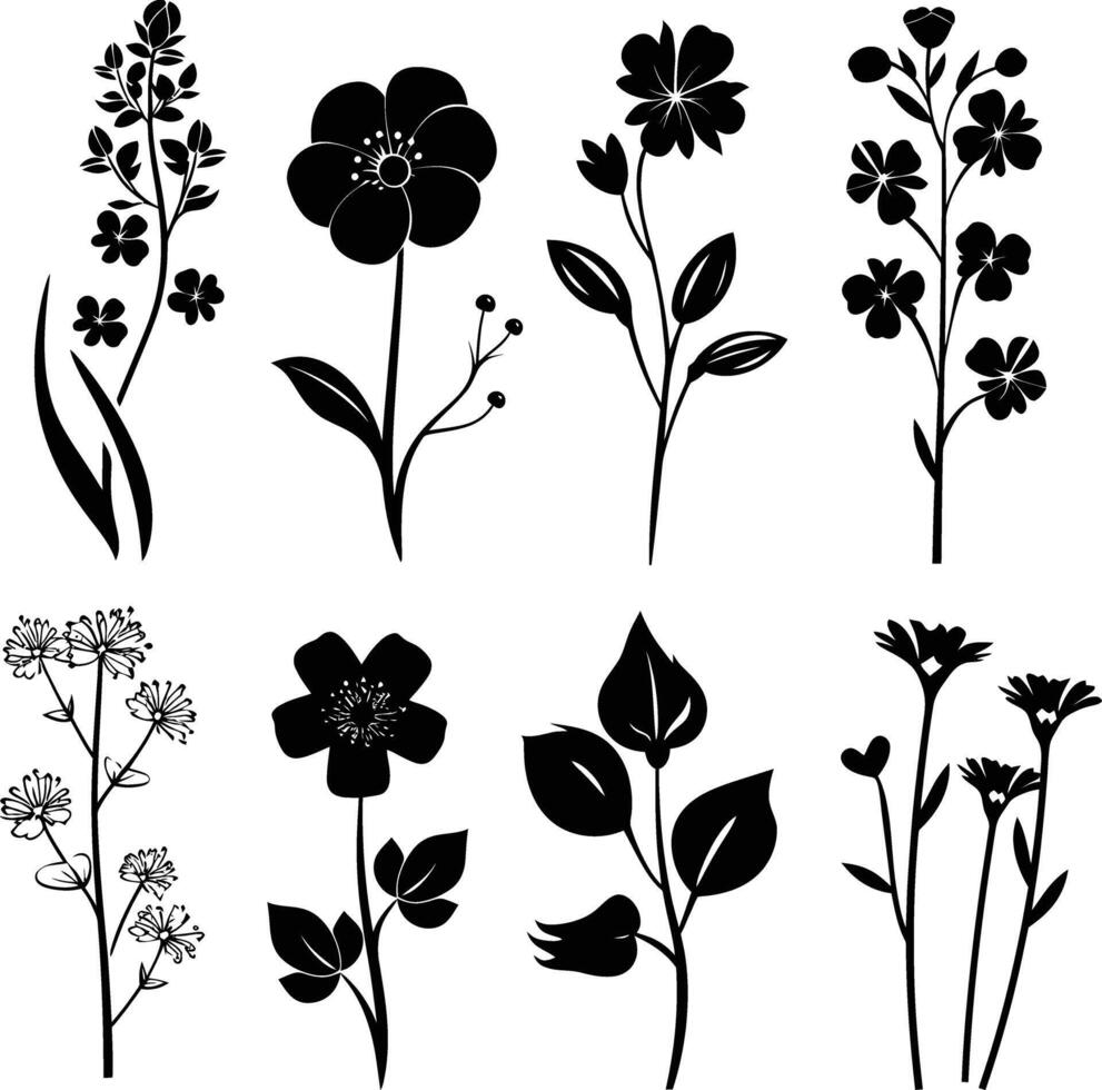 AI generated Silhouette spring flower collection black color only vector