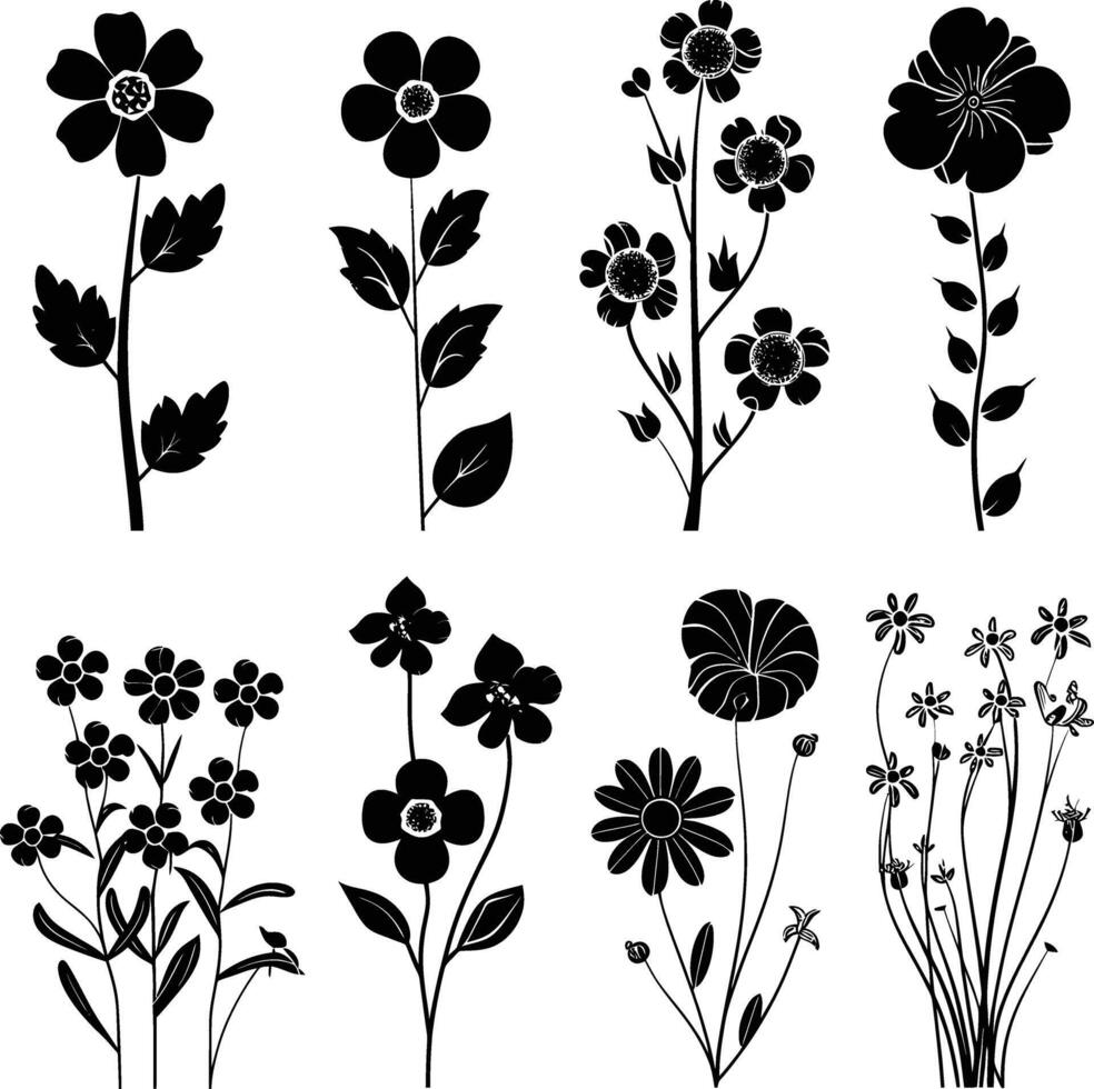 AI generated Silhouette spring flower collection black color only vector