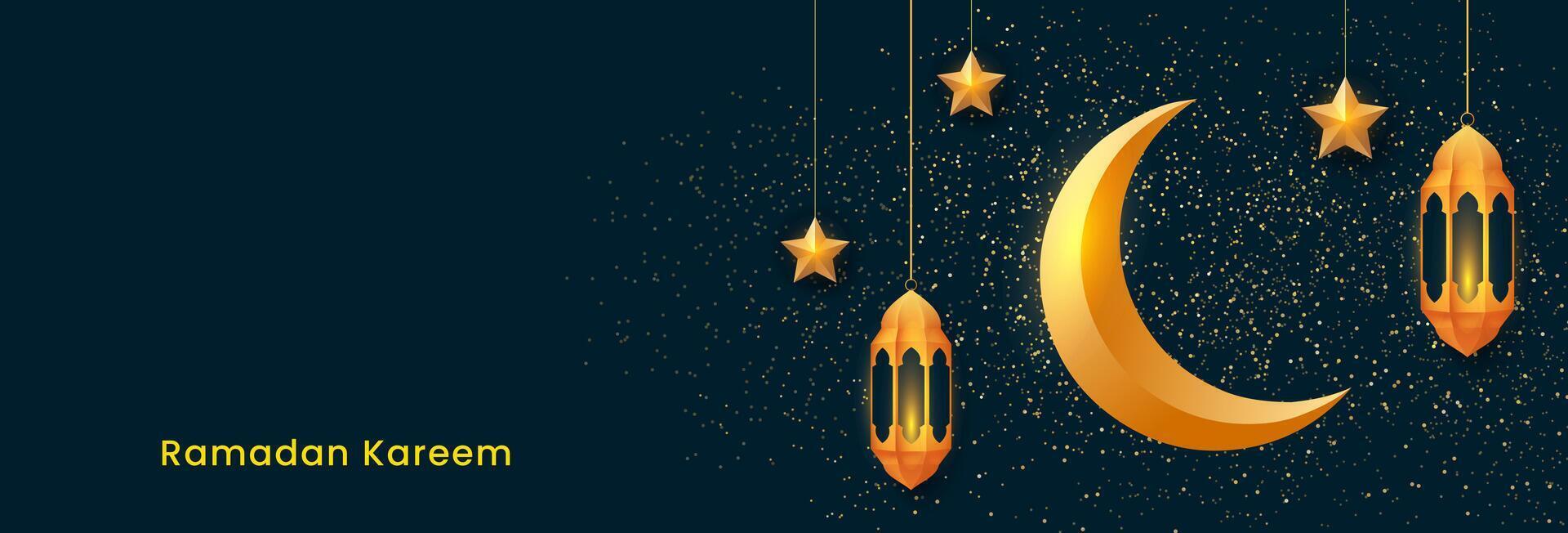 Ramadan Kareem banner design. Islamic background with golden lanterns, stars and crescent moon. Vector illustration