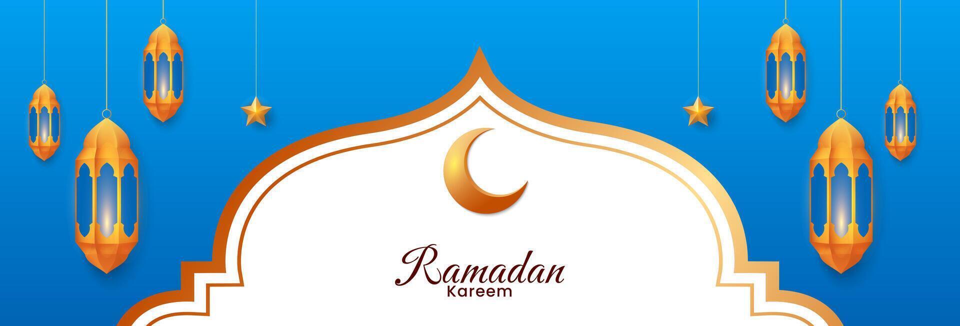 Islamic Ramadan Kareem background design with golden moon and lantern ornament. Vector illustration