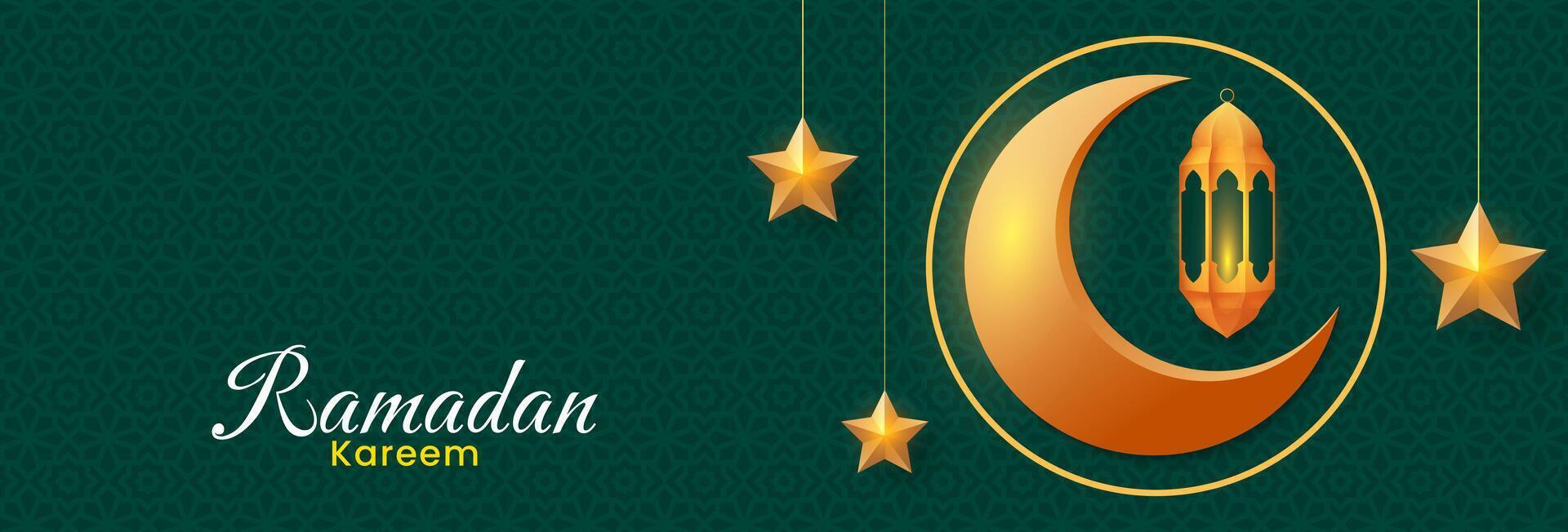 Ramadan Kareem banner design. Islamic background with golden lanterns, stars and crescent moon. Vector illustration