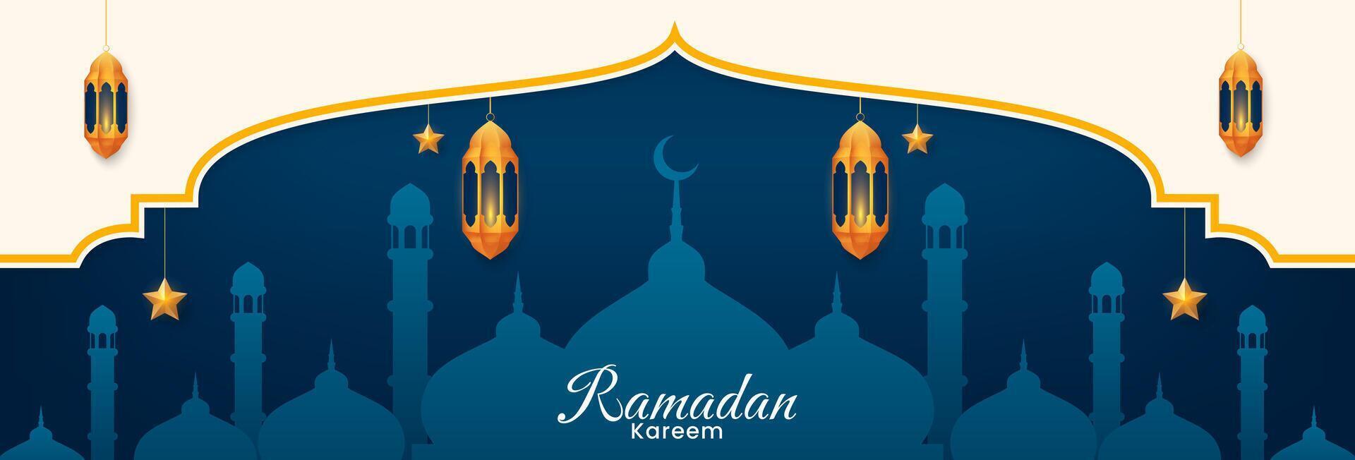 islámico Ramadán kareem antecedentes diseño con oro linternas y mezquita. vector ilustración