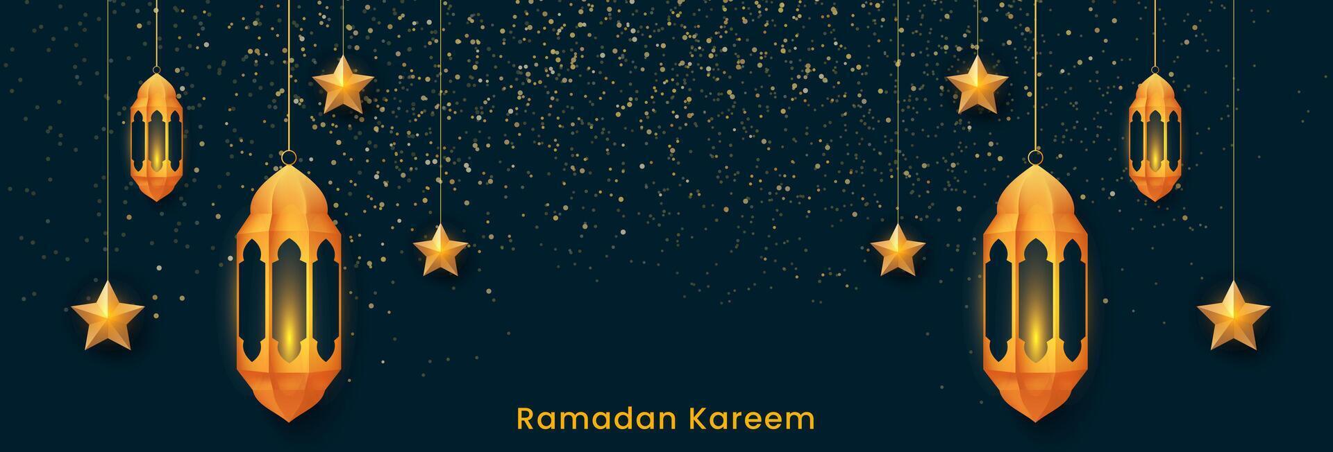 Ramadan Kareem banner design. Islamic celebration background with golden lanterns, star ornaments Vector illustration