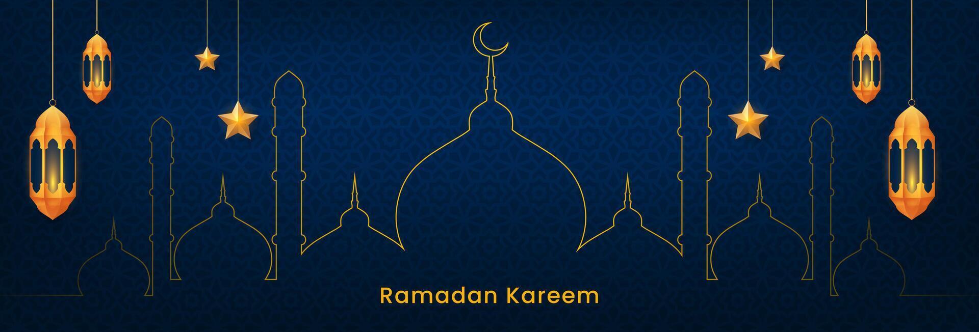Ramadan Kareem banner design. Islamic celebration background with golden lanterns, star ornaments Vector illustration