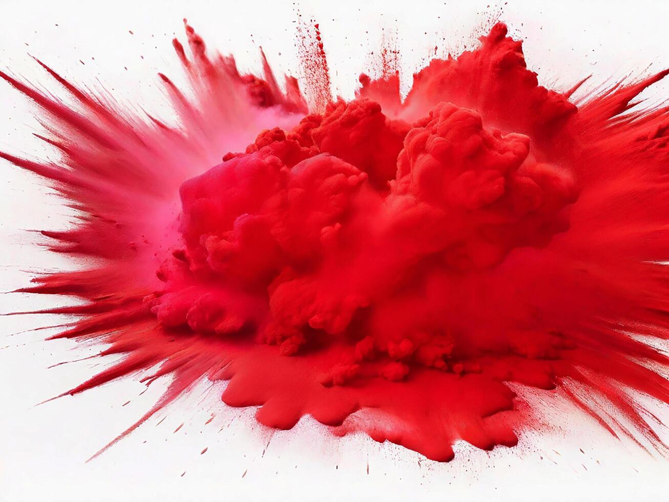 ai generado brillante rojo holi pintar color polvo festival explosión Estallar aislado blanco antecedentes. industrial impresión concepto antecedentes foto