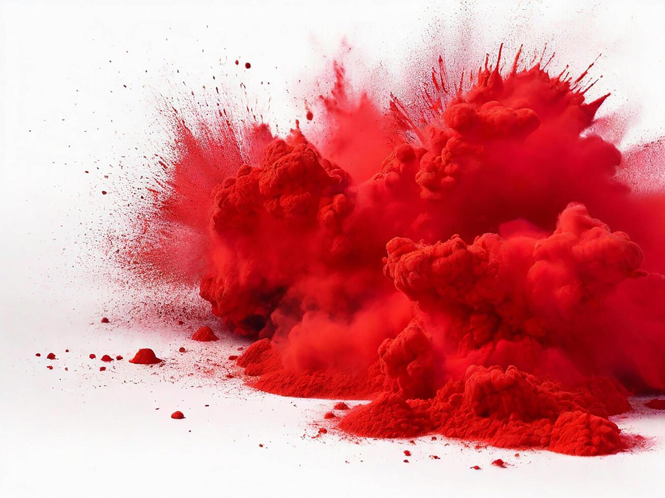 ai generado brillante rojo holi pintar color polvo festival explosión Estallar aislado blanco antecedentes. industrial impresión concepto antecedentes foto