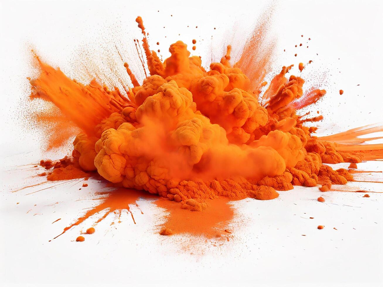 AI generated bright orange holi paint color powder festival explosion burst isolated white background. industrial print concept background photo