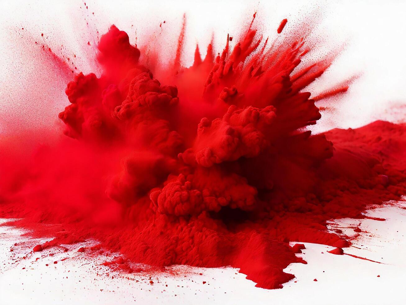 ai generado brillante rojo holi pintar color polvo festival explosión Estallar aislado blanco antecedentes. industrial impresión concepto antecedentes foto