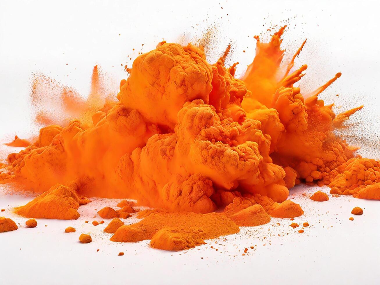 ai generado brillante naranja holi pintar color polvo festival explosión Estallar aislado blanco antecedentes. industrial impresión concepto antecedentes foto