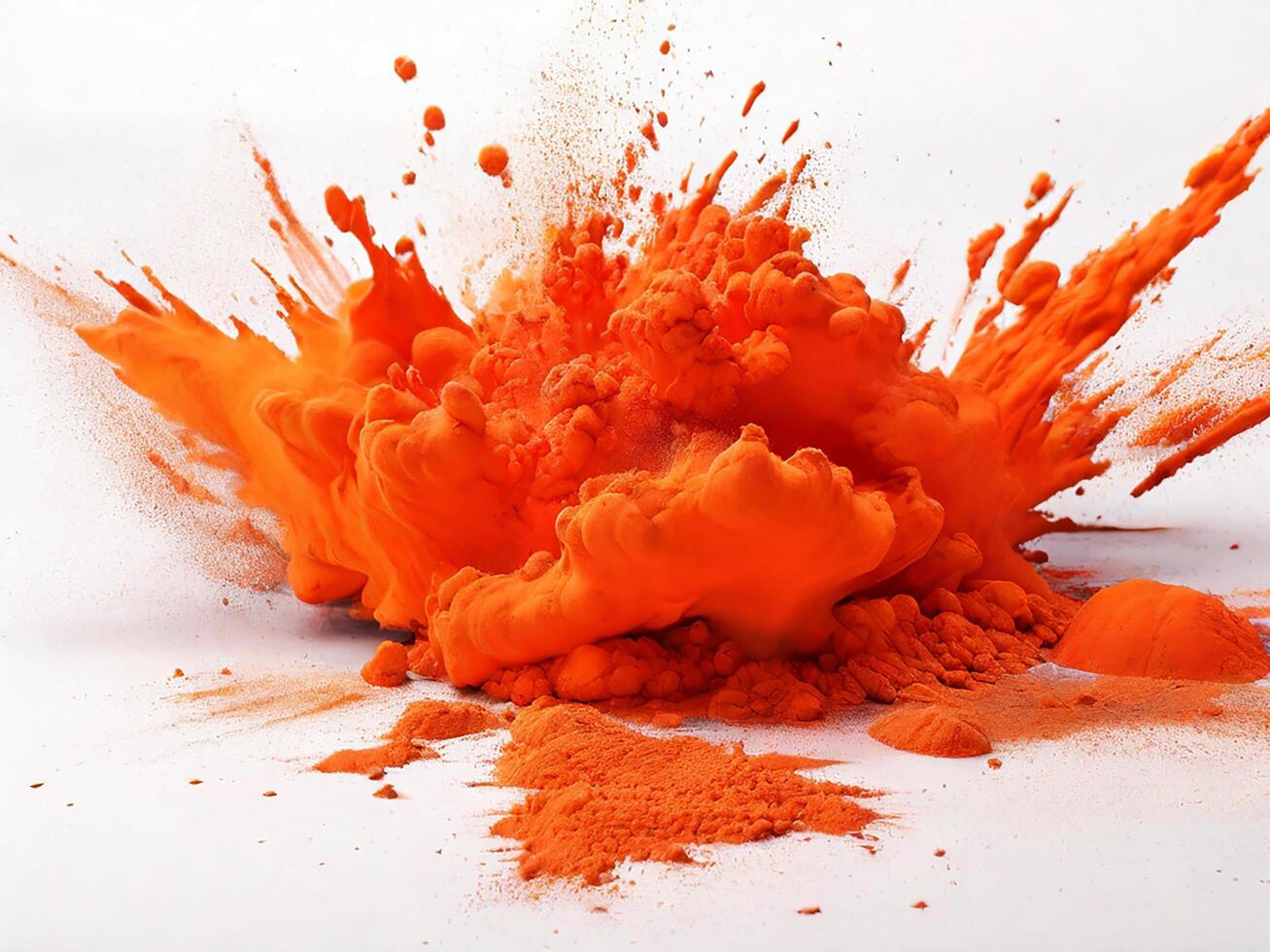 AI generated bright orange holi paint color powder festival explosion burst isolated white background. industrial print concept background photo