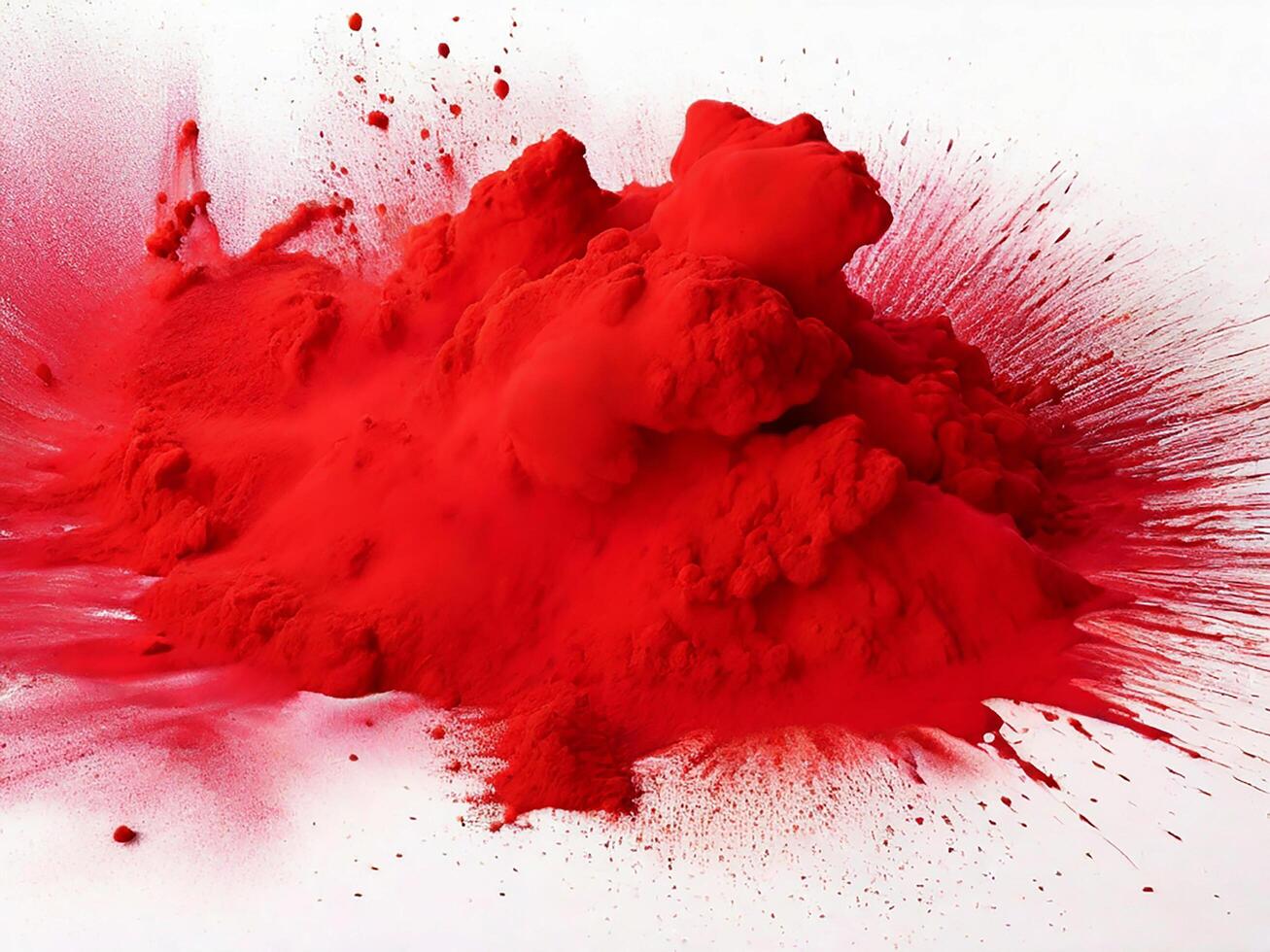 ai generado brillante rojo holi pintar color polvo festival explosión Estallar aislado blanco antecedentes. industrial impresión concepto antecedentes foto