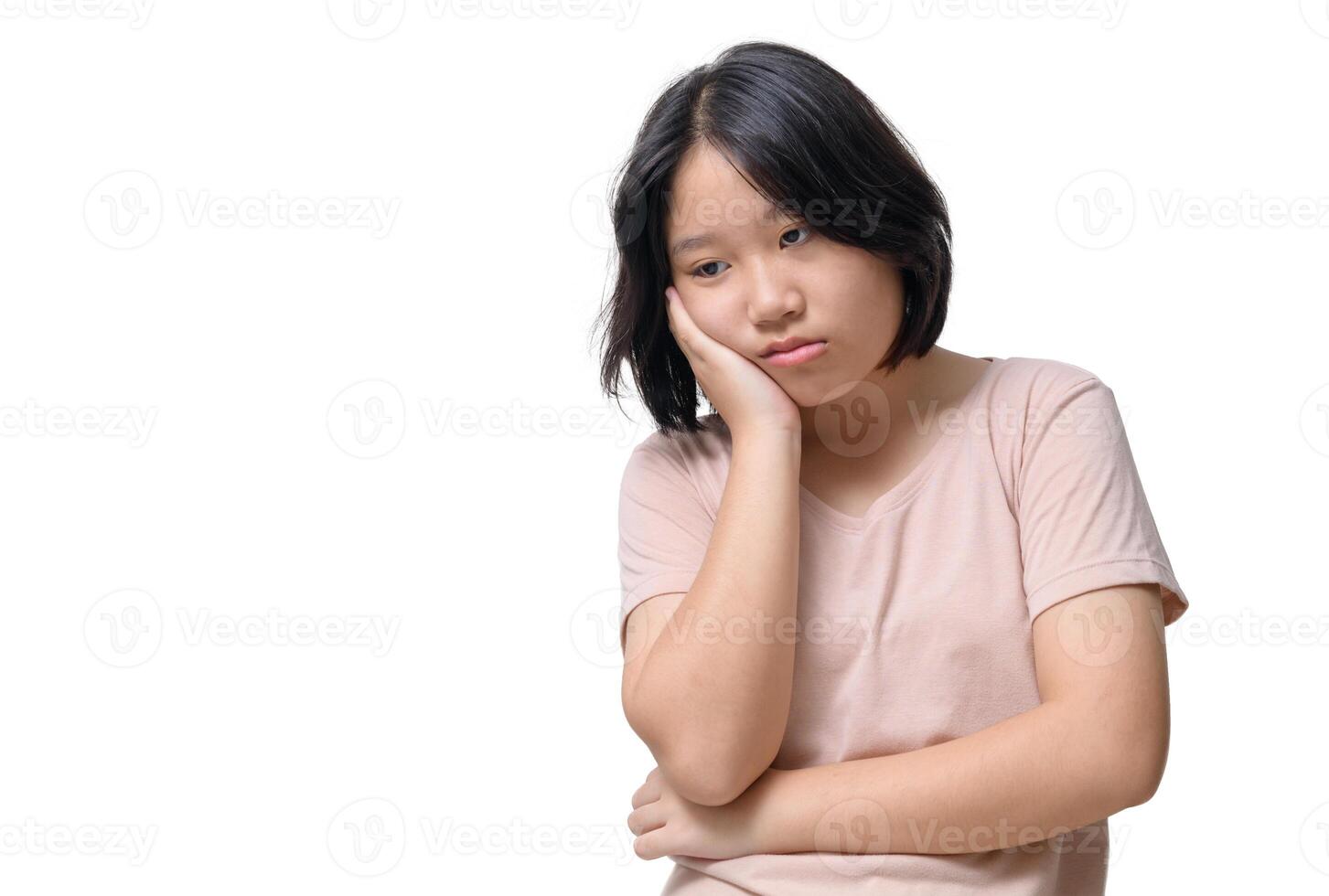 Sad bored asian female student attend boring uninteresting lecture lean face palm, photo