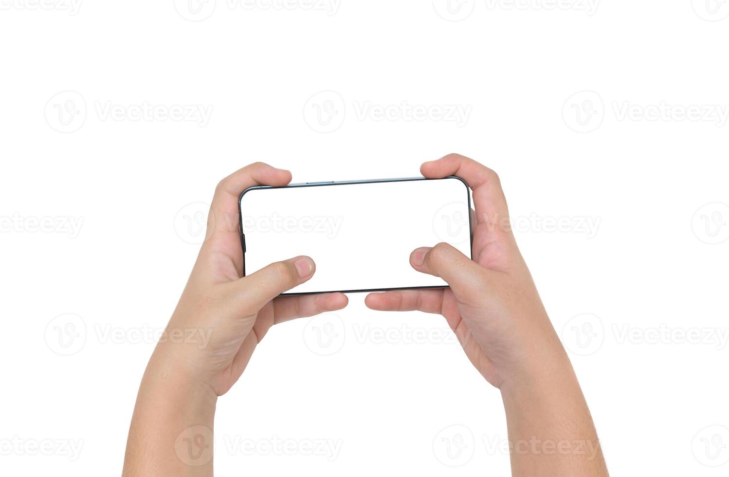 Female hands holding modern moblie phone in horizontal position, isolated on white photo