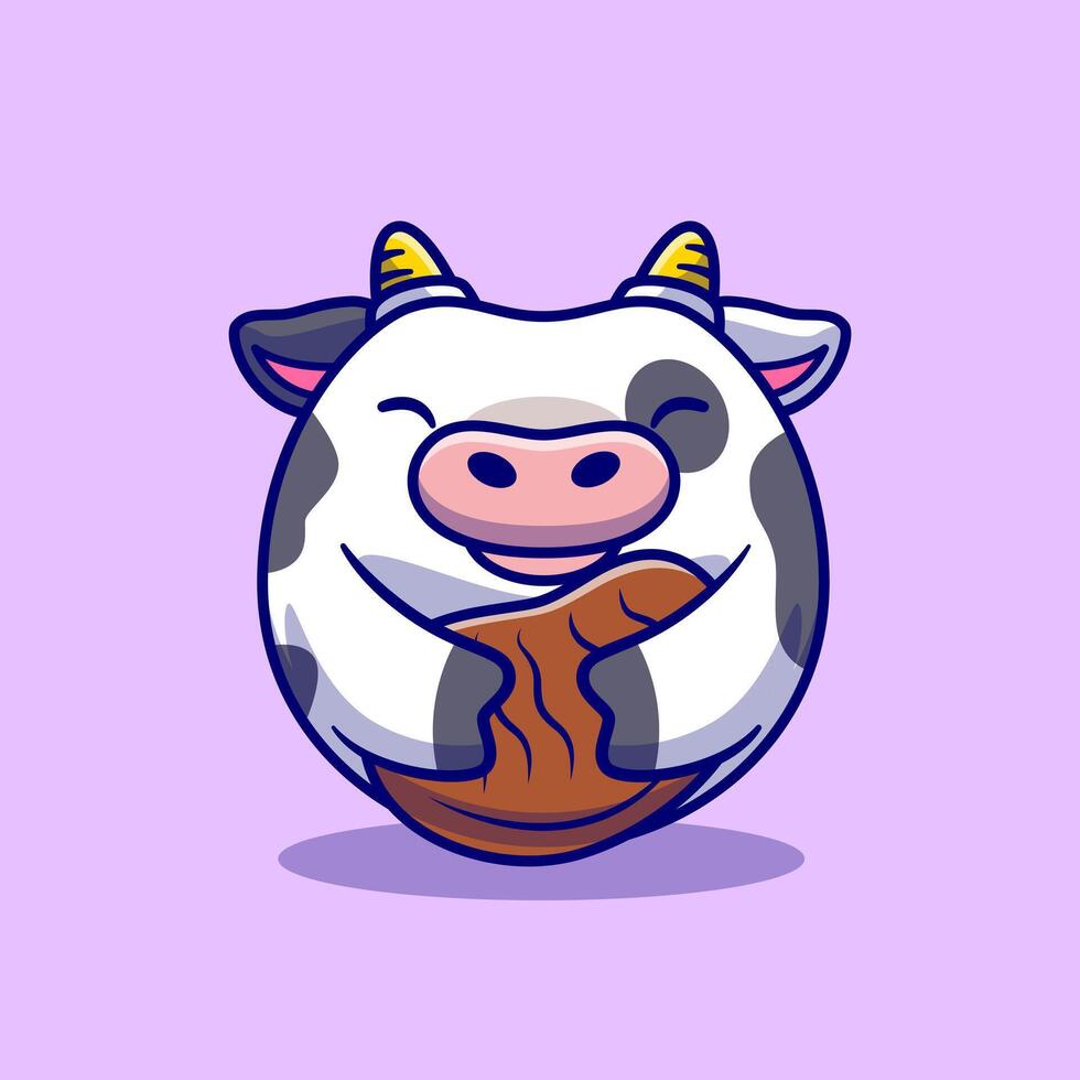 Cute Cow Holding Beef Steak Cartoon Vector Icon Illustration. Animal Food Icon Concept Isolated Premium Vector. Flat Cartoon Style