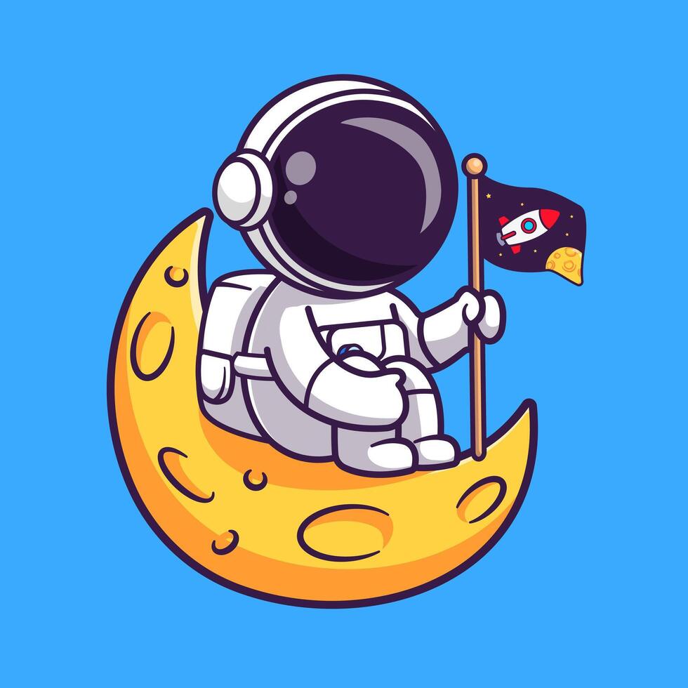 Cute Astronaut Holding Flag On Moon Cartoon Vector Icon Illustration. Science Technology Icon Concept Isolated Premium Vector. Flat Cartoon Style