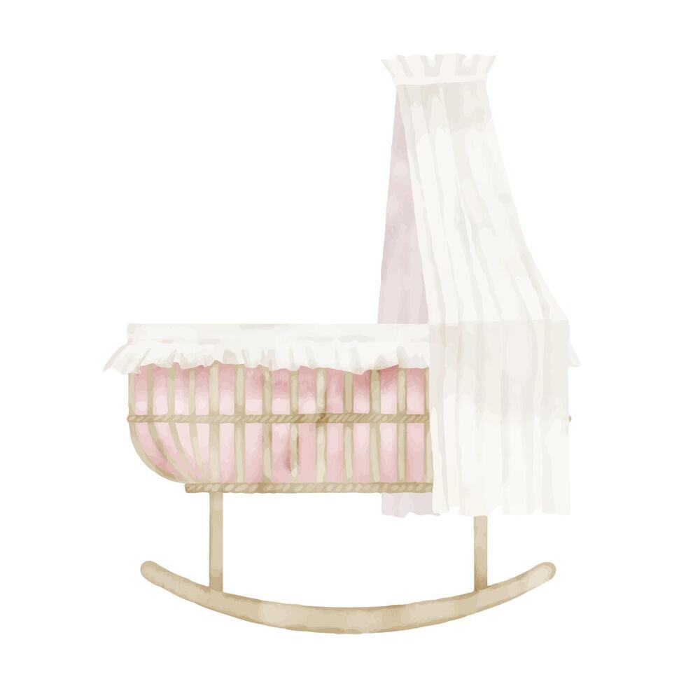 Watercolor Baby Cradle. Hand drawn illustration of Crib for Child on isolated background. Cot in cute pastel pink and beige colors. Bed for girl. Sketch for newborn party in retro boho style vector