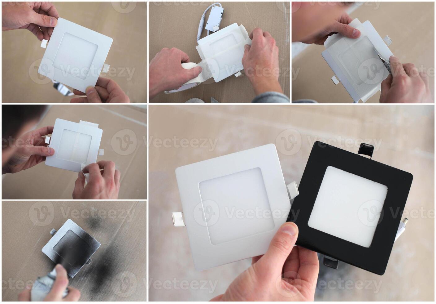 Step by step instructions for changing the color of the LED lamp. Collage photo