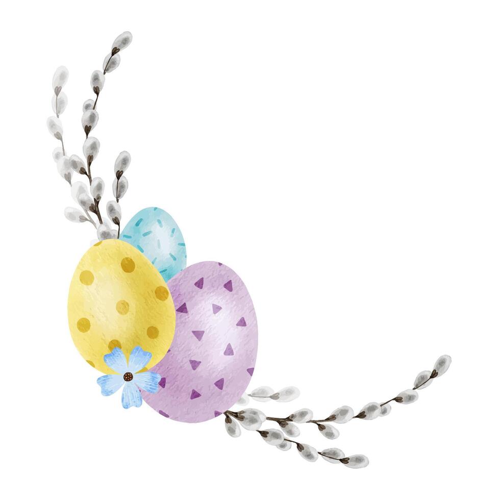 Round frame of colorful Easter eggs and pussy willow branches. Eco decoration. Watercolor illustration. Template for Holy Easter cards, covers, posters and invitations. vector