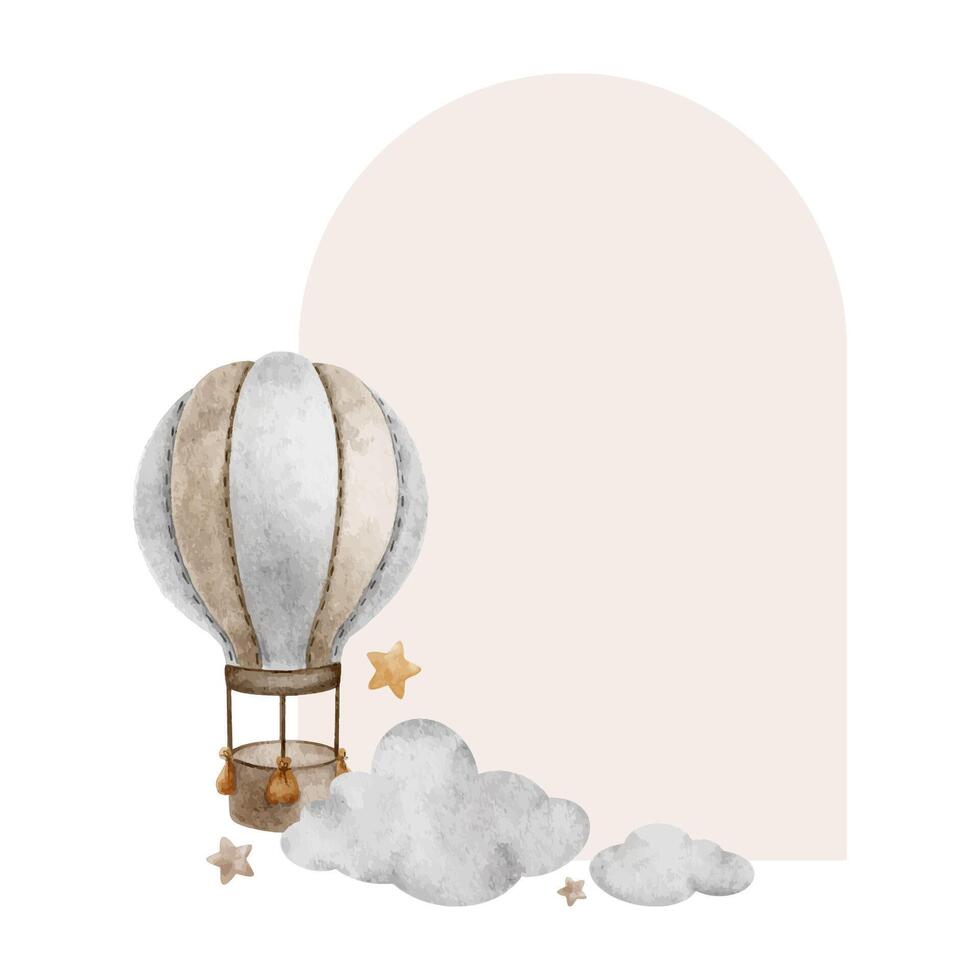 Beige Hot Air Balloons, clouds and stars. Children's background with baby aircraft. Cute watercolor isolated frame for kid's goods, postcards, baby shower and children's room vector