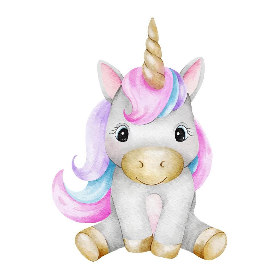 Cute fairytale unicorn. Isolated baby watercolor illustration. Design for logo, kid's goods, clothes, textiles, postcards, posters, baby shower and children's room vector