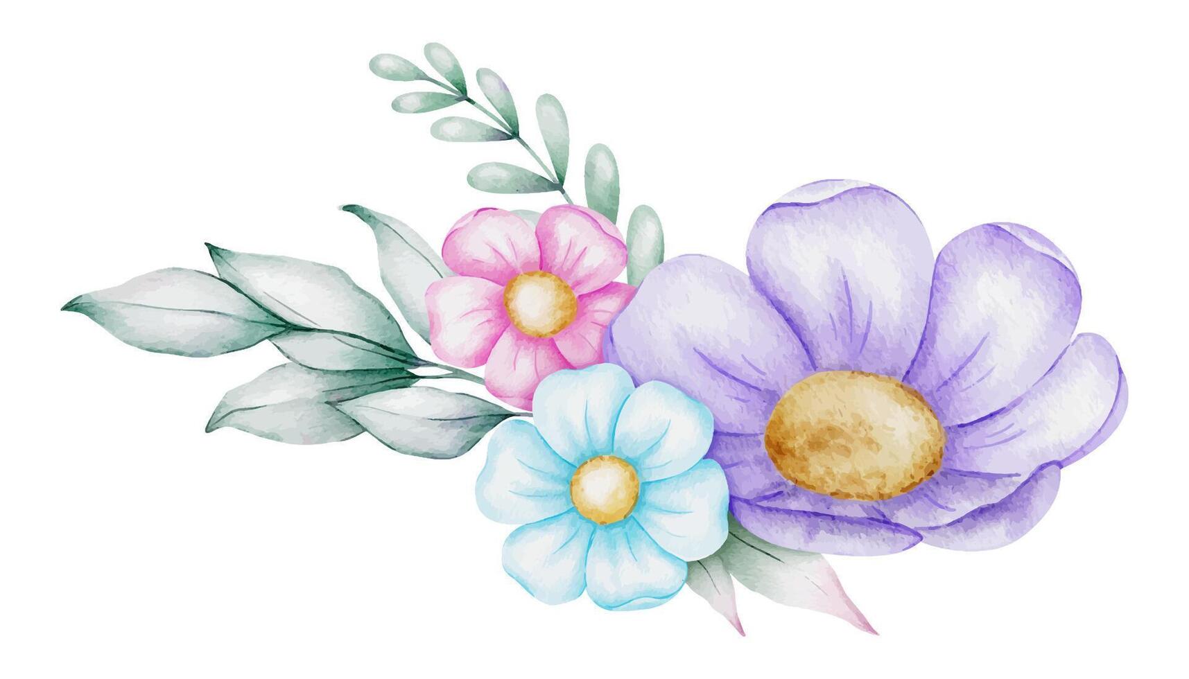 Purple, pink, blue flowers with leaves. Hand drawn watercolor illustration. For wedding invitations, packaging of goods, postcard design and stationery. vector