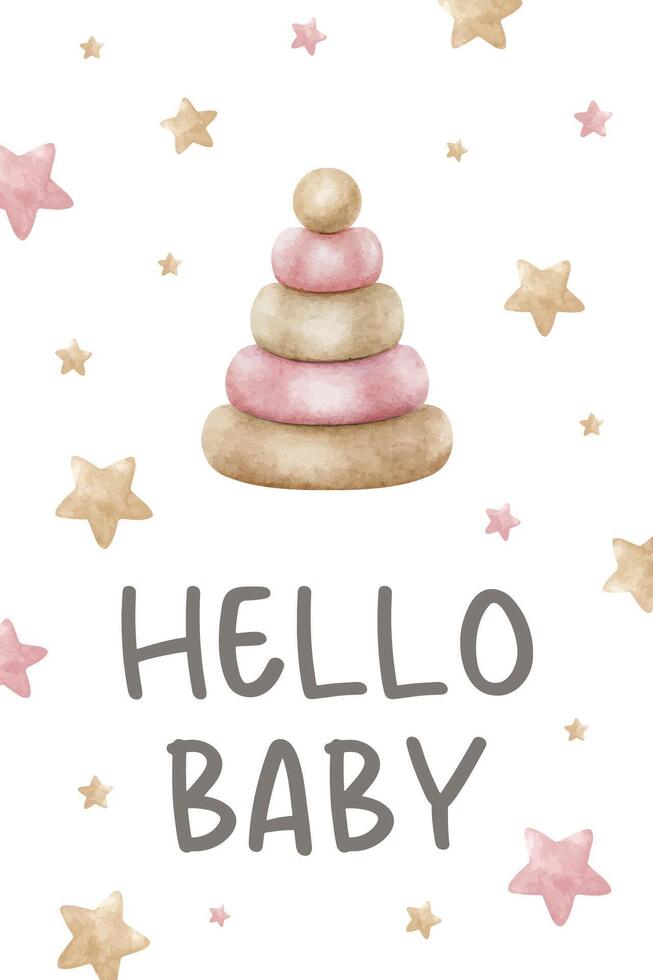 Baby shower invitation. Hello baby inscription. Greeting card with Children's pyramid and stars. New born girl celebration. Cute poster for children room. Watercolor hand drawn illustration. vector