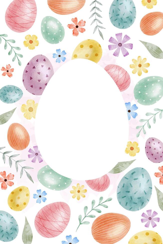 Frame of cute colorful Easter eggs. Paschal Concept with Easter Eggs with Pastel Colors. Isolated watercolor illustration. Design for Easter cards, covers, posters and invitations. vector