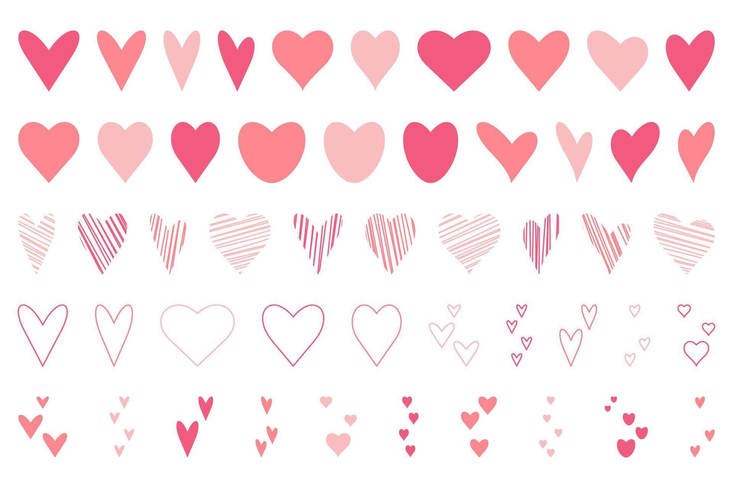 Set of hand drawn pink and red hearts. Vector illustration.