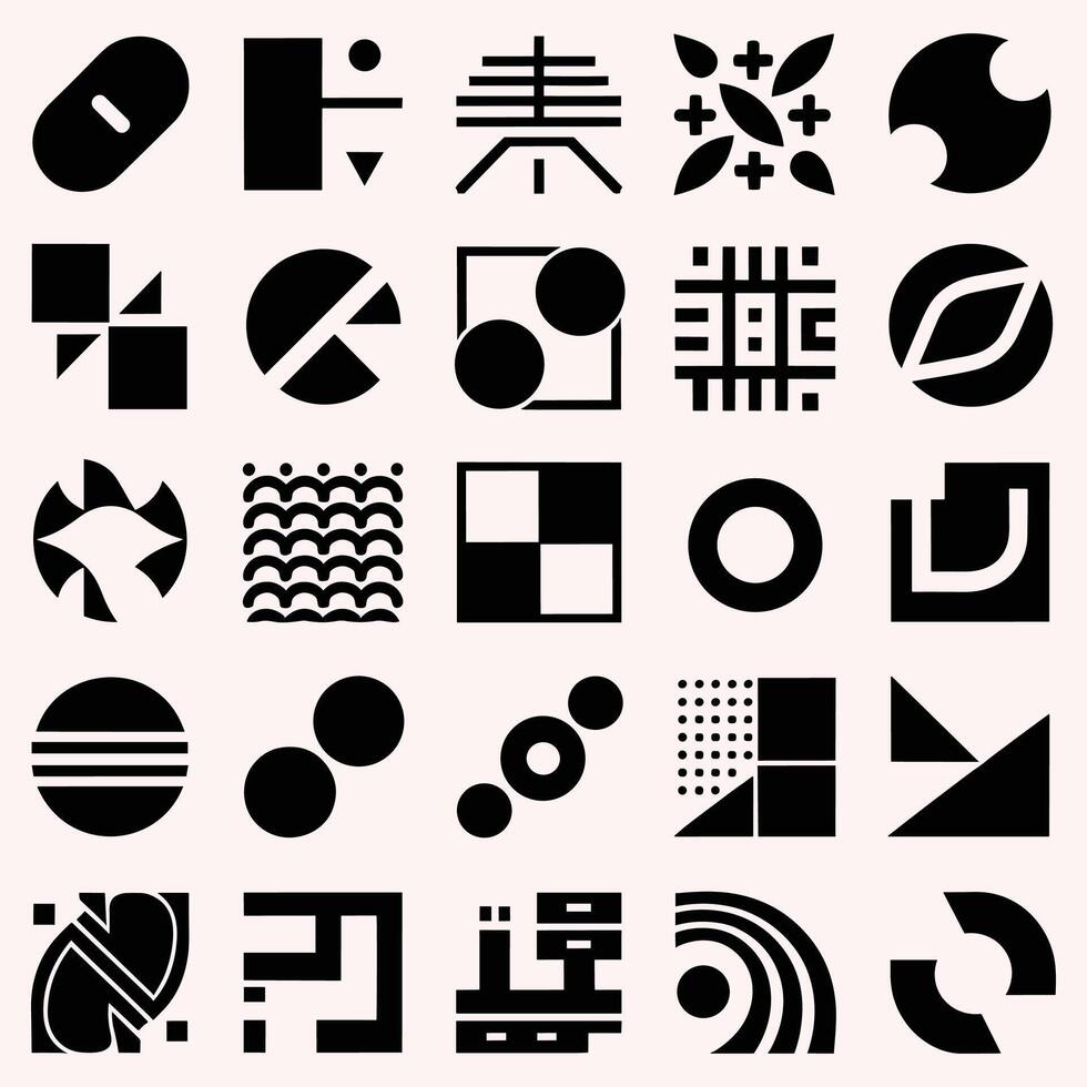 Abstract and basic shapes collection. Minimalist symbols. Black Iconography. Flat vector icon. Icons set. Primitive forms. Modernist abstract geometric shapes. Geometric elements. Brutalist design