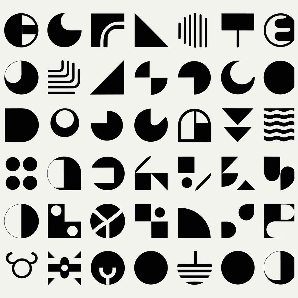 Abstract and basic shapes collection. Minimalist symbols. Black Iconography. Flat vector icon. Icons set. Primitive forms. Modernist abstract geometric shapes. Geometric elements. Brutalist design