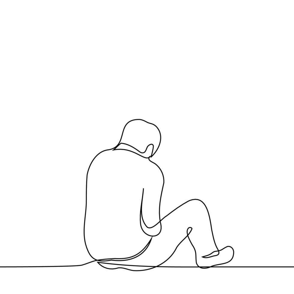 man sits on the ground or on the floor with his head down with his back to the viewer - one line drawing vector. concept loneliness, give up, be abandoned, outcast vector