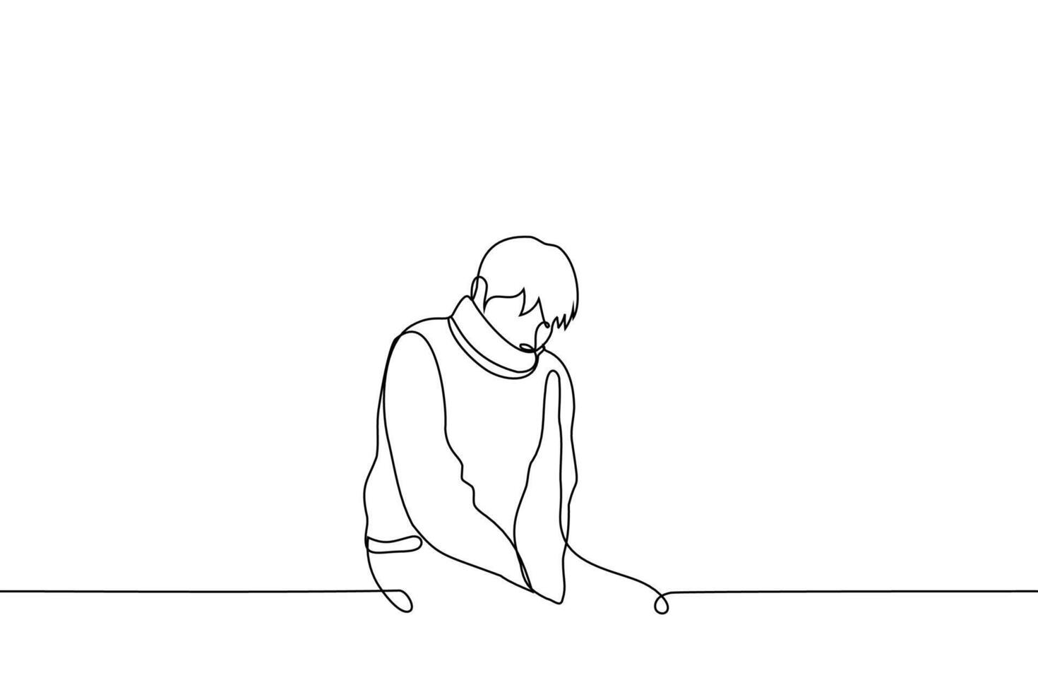 man freezing and sitting in a sweater with his collar up to his face - one line drawing vector.  concept lonely freezing man, chills, colds vector