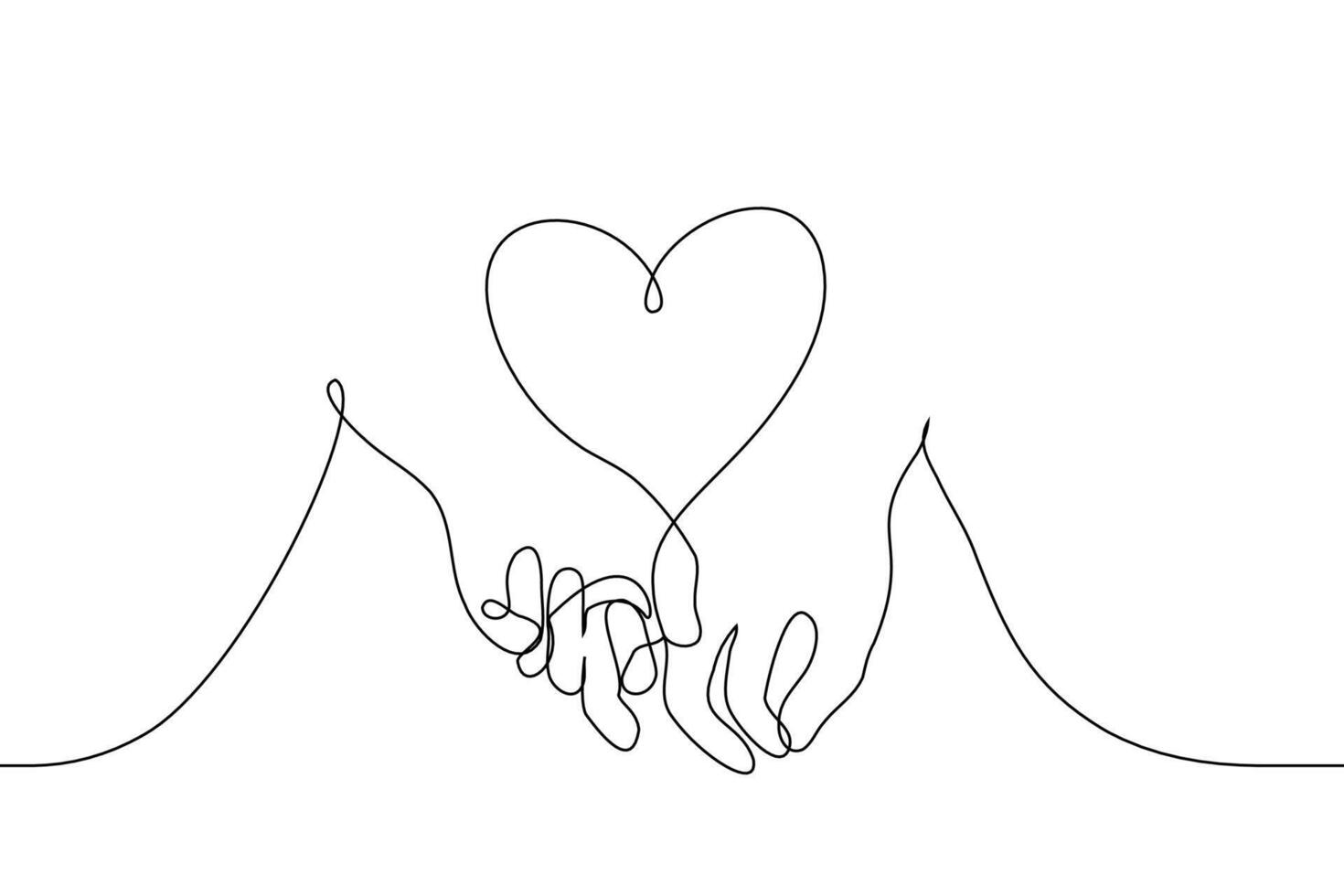 dos humano manos sostener dedos para cada otro espacio Entre ellos en forma de corazón - uno línea dibujo vector. concepto de dos amantes, recién casados, Pareja skinship vector