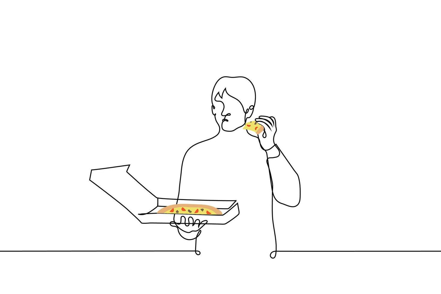 man stands with a box of pizza and eats a piece - one line drawing vector. concept eating pizza alone, pizza for one vector