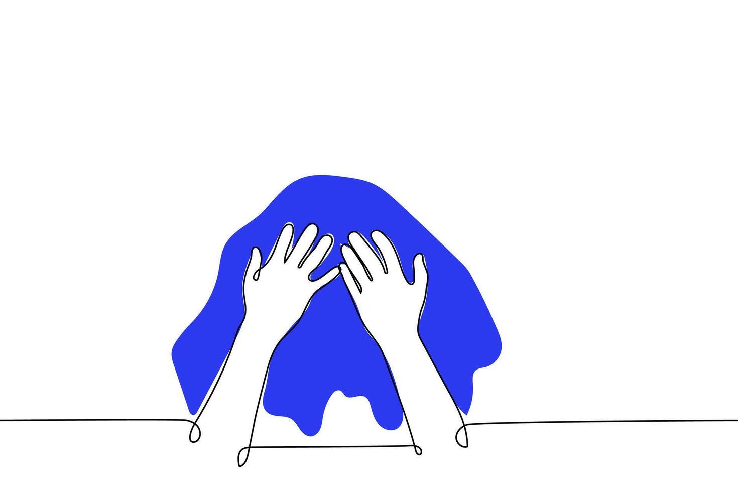 persona is drying himself with a blue towel - one line drawing vector. the concept of beautiful hands with long fingers rubbing a towel on the head face and hair vector