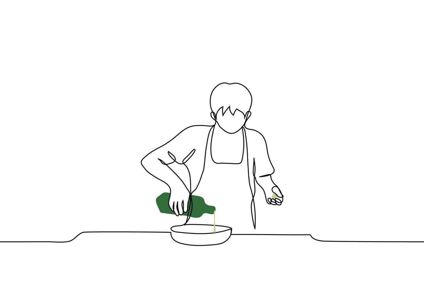 man in an apron pours olive oil from bottle into frying pan in other hand bottle cap - one line drawing vector. concept chef cooking, home cooking vector