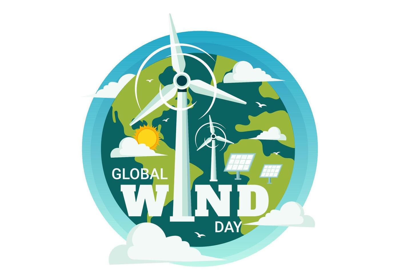 Global Wind Day Vector Illustration on June 15 with Earth Globe and Winds Turbines for Power and Energy Systems on Blue Sky in Flat Cartoon Background
