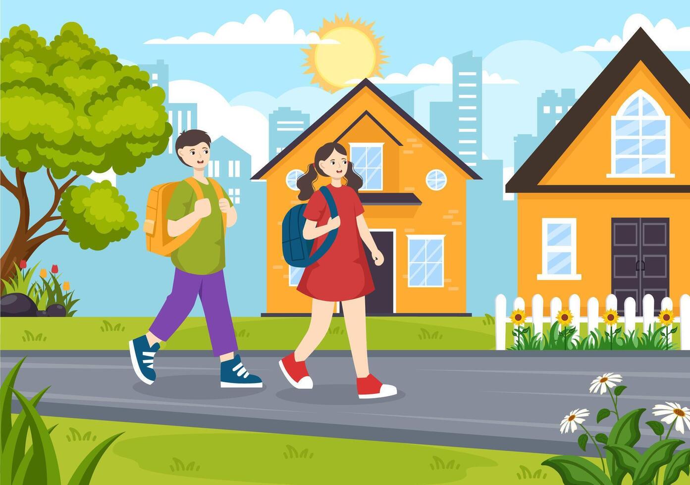 After School Vector Illustration with Students Leave School Building After Class or Program and Back to Home in Flat Cartoon Background