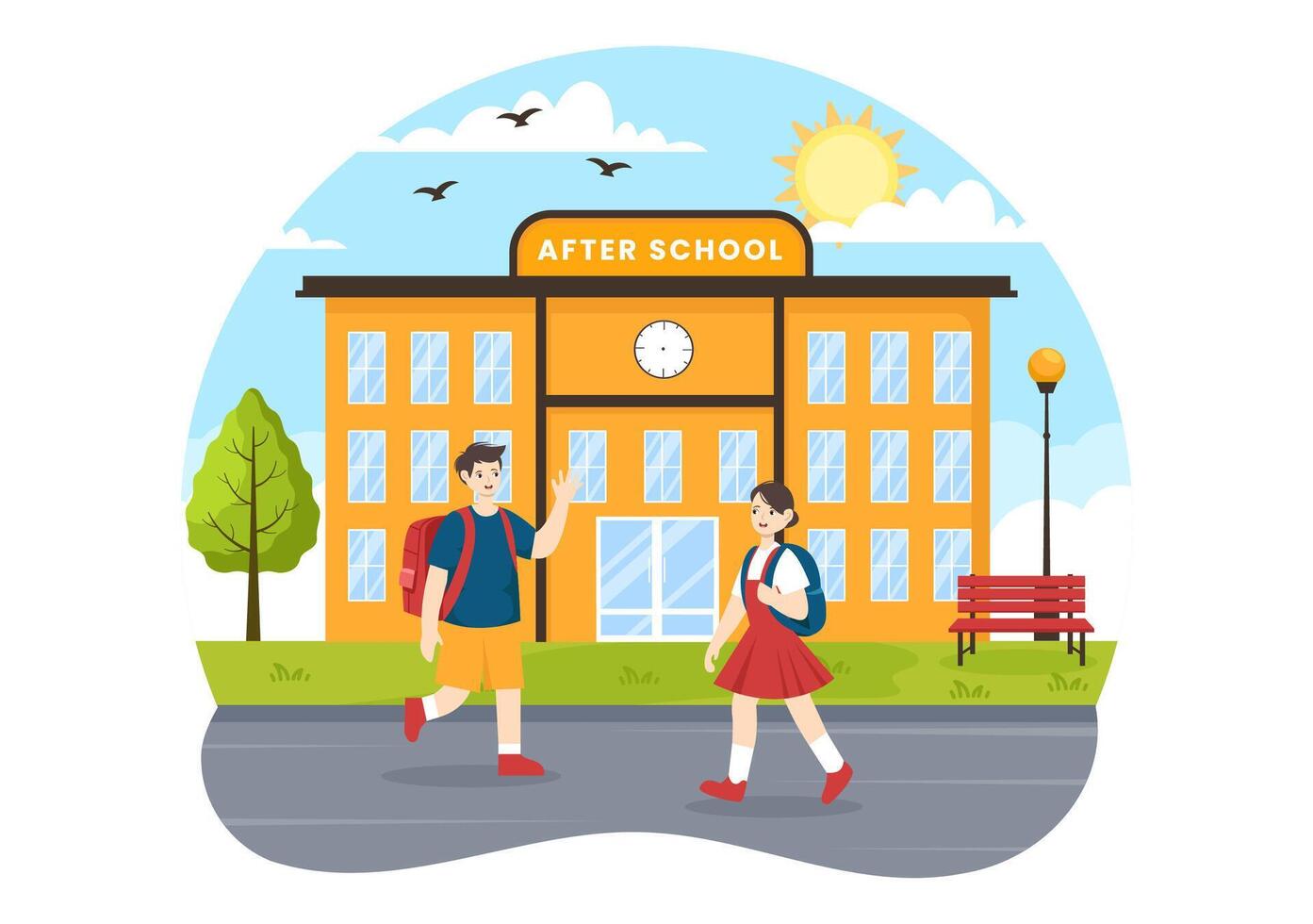 After School Vector Illustration with Students Leave School Building After Class or Program and Back to Home in Flat Cartoon Background