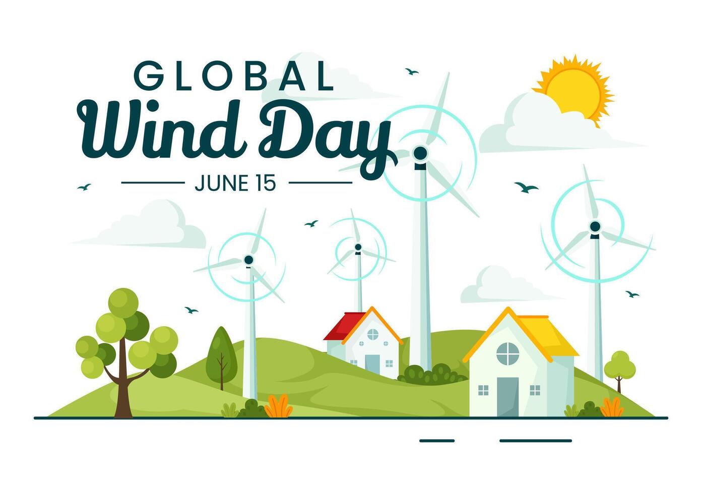 Global Wind Day Vector Illustration on June 15 with Earth Globe and Winds Turbines for Power and Energy Systems on Blue Sky in Flat Cartoon Background