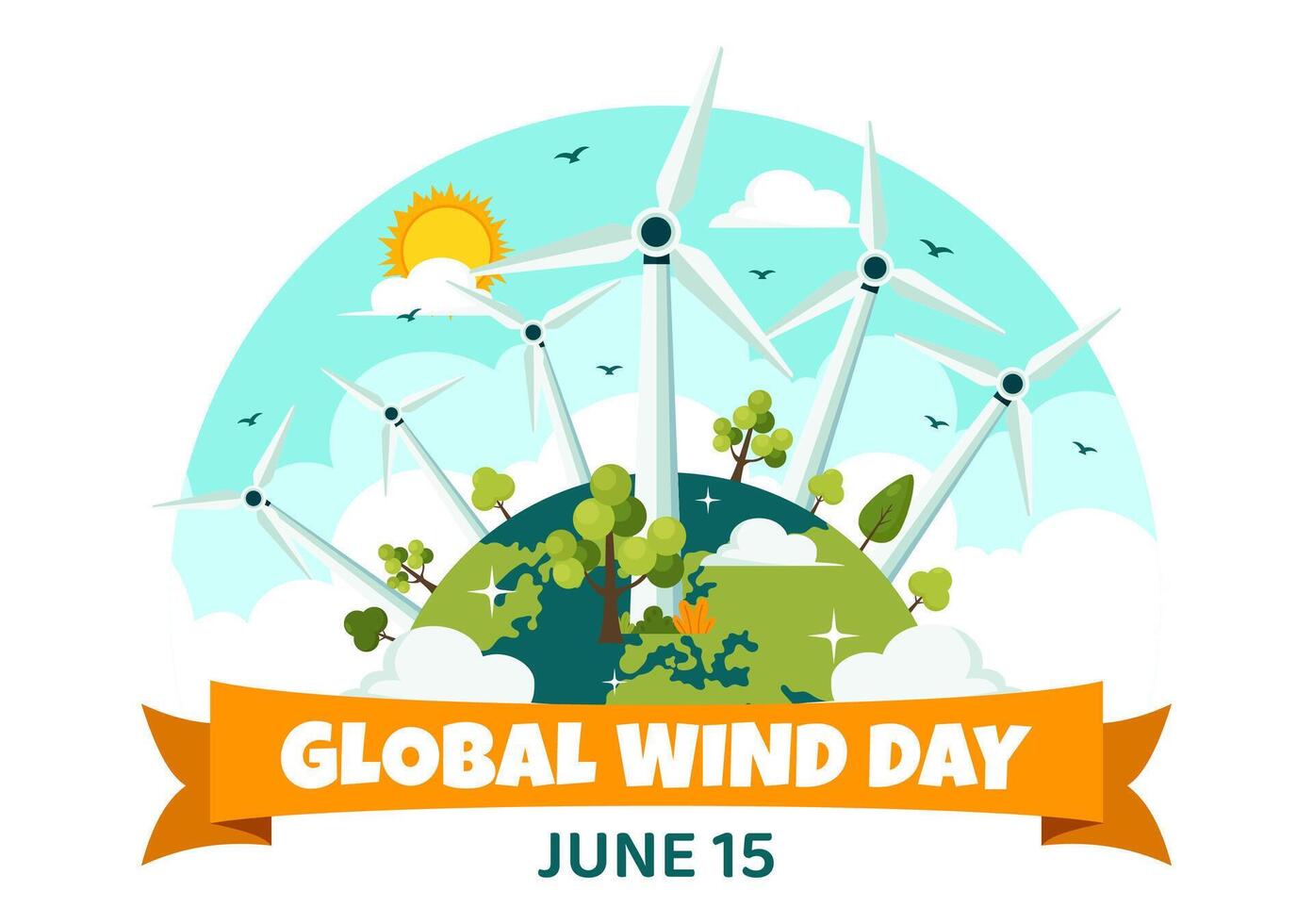 global viento día vector ilustración en junio 15 con tierra globo y vientos turbinas para poder y energía sistemas en azul cielo en plano dibujos animados antecedentes